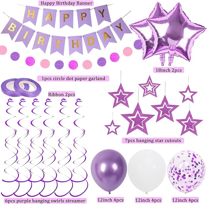 Purple Birthday Decorations, Happy Birthday Banner and Purple Star Balloons, Glitter Hanging Stars with Hanging Swirls, Circle Dot Paper Garland, for Women Girls Party Decoration