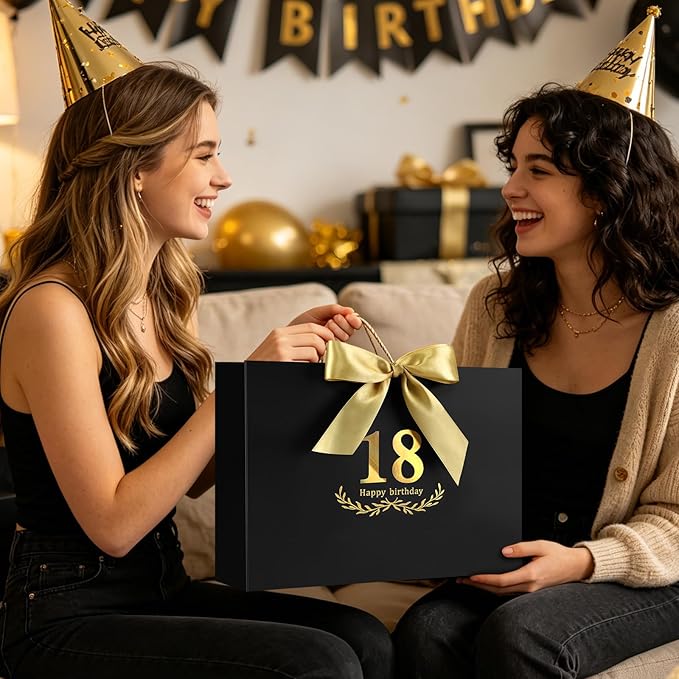 JMANNI Black Gold 18th Birthday Gift Bag with Card and Tissue Paper, 14.2"×9.84"×4.3" Large Present Bag for Adults, 18 Year Old Birthday Keepsake Party Supplies