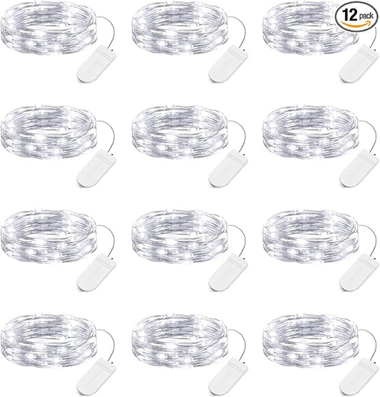Brightown 12 Pack Led Fairy Lights Battery Operated String Lights Waterproof Silver Wire 7 Feet 20 Led Firefly Starry Moon Lights for DIY Wedding Party Bedroom Patio Christmas (12 Pack, White)