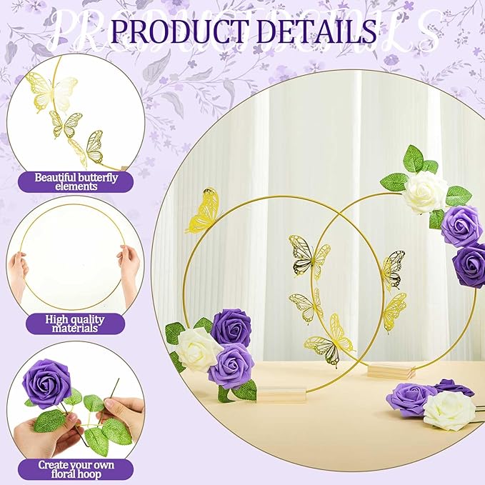 Vercraft 12 Set Butterfly Metal Floral Hoop Table Centerpieces, Metal Ring with 3D Butterfly Decor, PE Foam Flower, Adhesive Dot, Gold Wires for DIY Wedding Party (White, Purple, Purple,Round)