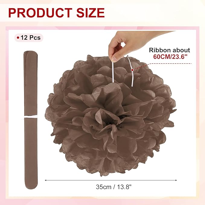PATIKIL 14inch Tissue Paper Pom Poms, 12PCS Pom Poms Paper Flowers Ball Tissue Paper Flowers for Wedding Bridal Shower Birthday Bachelorette Party Backdrop Decoration, Brown