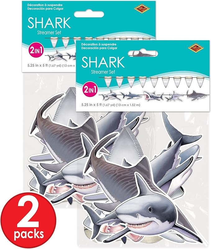 Beistle 4 Piece Shark Banners For Ocean Beach Under The Sea Theme Party, Luau Decorations, Birthday Décor, Baby Shower Celebration