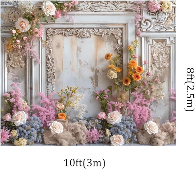 Kate 10x8ft Frame Style Retro Wall Wedding Portrait Photography Backdrops Colorful Fresh and Dried Flowers Romantic Sweetheart Birthday Photo Background