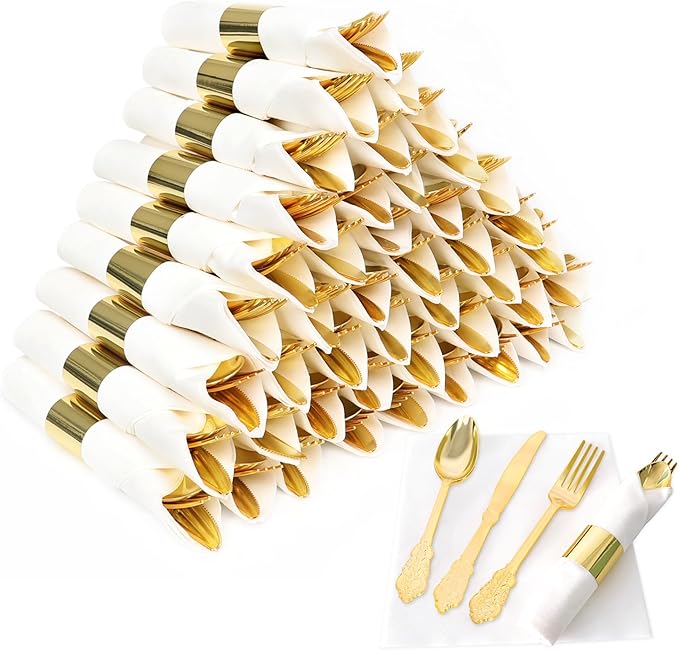 50 Pack Pre Rolled Gold Plastic Silverware Set,Fancy Wrapped Plastic Cutlery Set with Napkin Include 50 Forks,50 Spoons,50 Knives and 50 White Napkins for Party, Wedding,Christmas