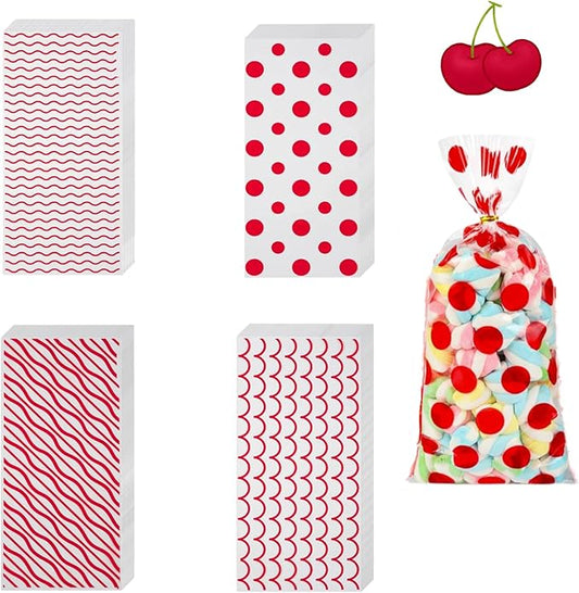 EatnMgan 200Pcs Cellophane Treat Bags,10.8 x 4.9Inch Plastic Candy Bags,Cellophane Bags,Goodie Candy with 220Pcs Twist Ties for Valentine, Birthday, Gift Cookie Snack Packing Party Favor Supplies (Red)