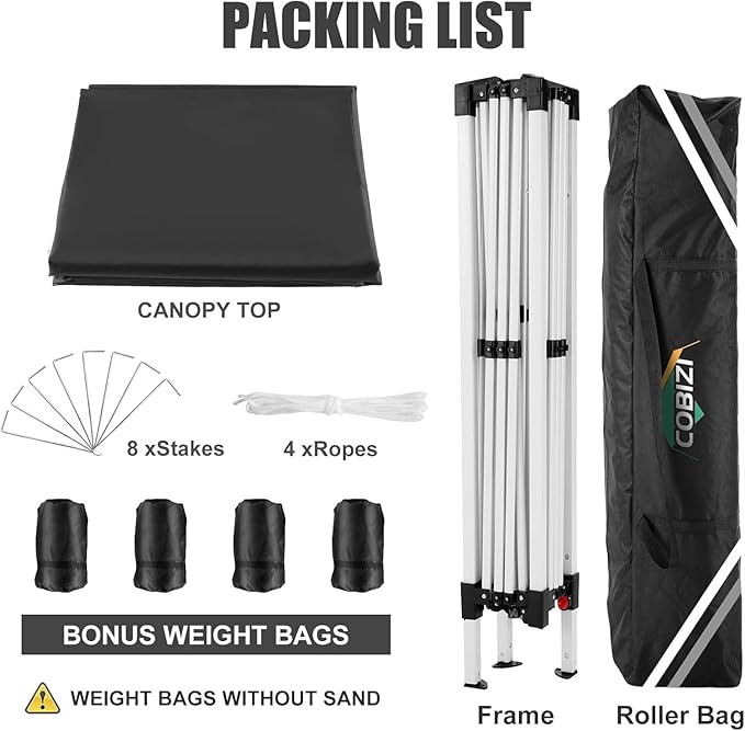 COBIZI 10x10 Ez Pop Up Canopy Tent, UPF 50+ Waterproof Outdoor Canopy, Instant Portable Camping Canopies Gazebo for Commercial Sun Shade Party Backyard with 4 Sandbags(Black)