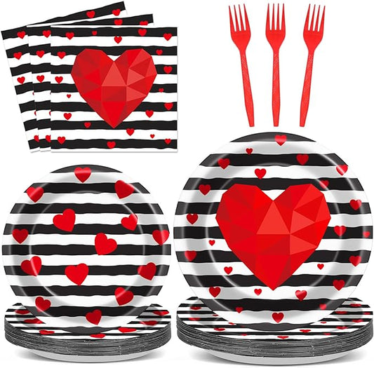 Wiooffen 96 Pcs Valentine's Day Party Plates Napkins Tableware Set Valentines Red Love Heart Stripe Supplies Disposable Dinnerware Valentine's Day Decoration Favors for Wedding 24 Guests