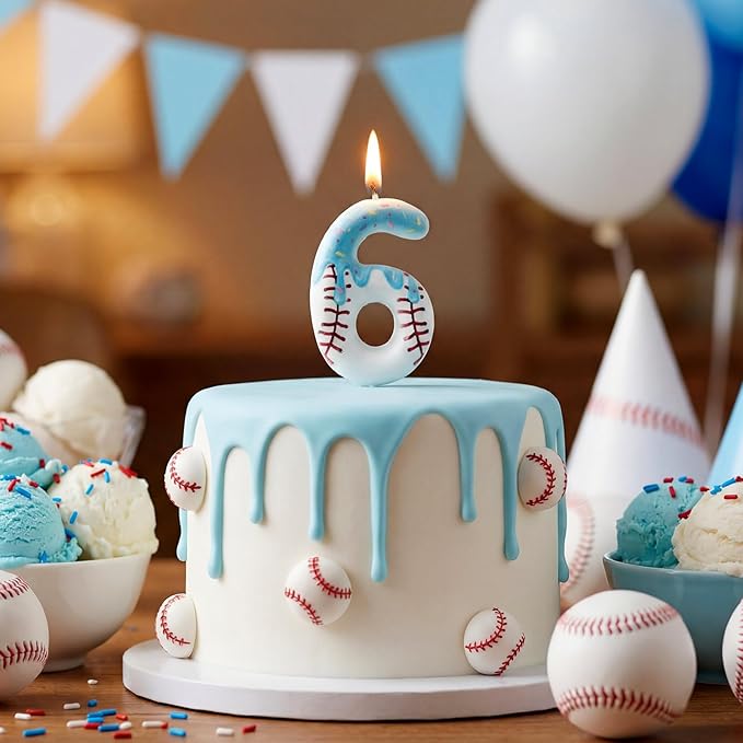 Conelist Ice Cream Drip Baseball Birthday Candle Number 6, Baseball Ice Cream Drip Birthday Cake Topper Candle Number 6 for Cake Sport Teams Theme Anniversary Celebration Party Decoration Favor Supply
