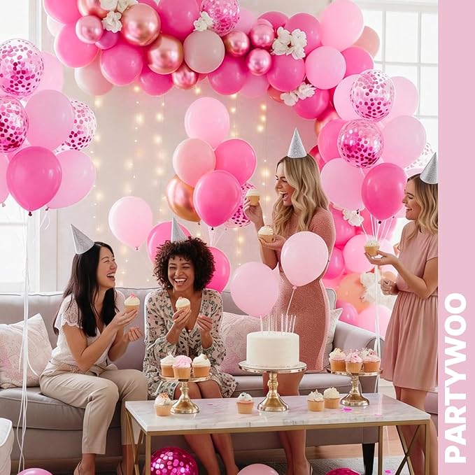 PartyWoo Pink and Gold Balloons 66pcs 12 Inch Metallic Gold Pearl Matte Hot Light Pastel Pink Confetti Balloons for Gender Reveal Baby Shower Bridal Shower Princess Birthday Party Decorations
