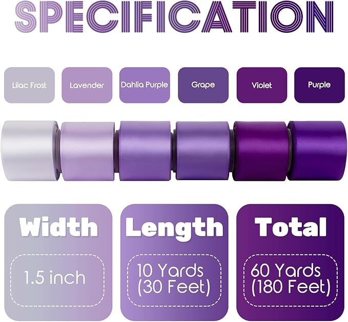 Purple Satin Ribbon 1-1/2 Inch x 60Yards Lavender/Lilac/Violet Double Faced Assorted Purple Ribbon for Christmas Gift Wrapping Wedding Invitations Flower Bouquet Bridal Shower Decor Hair Bows