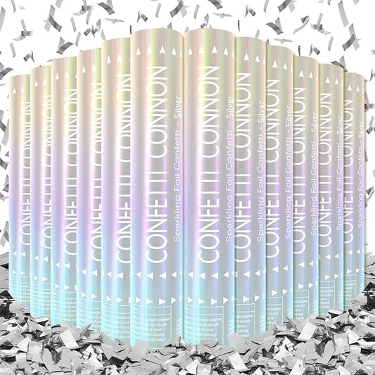 FIEKEICC 12 Pack Silver Confetti Poppers - 12 Inch Confetti Cannon for Weddings, Graduations, Birthdays & New Year's Eve - Metallic Silver Party Poppers Shooters, Bulk Handheld Confetti Sticks