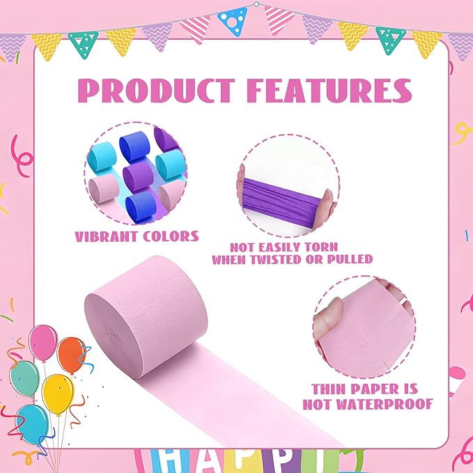 Blue Pink Crepe Paper Streamer 8 Rolls 32ft Cartoon Birthday Party Supplies Purple Backdrop Baby Shower Wedding Decorations(1.77inx32ft)