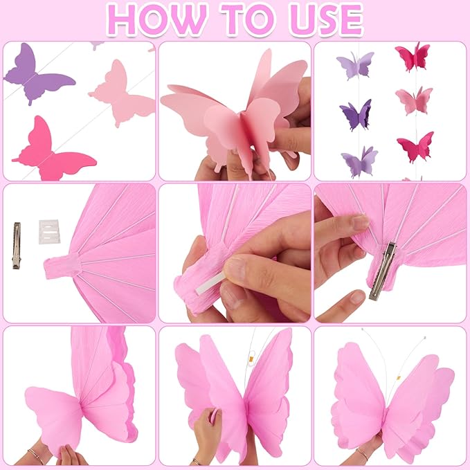 Butterfly Decorations with 20 Inch Large Hanging Butterflies and Butterfly Garland, Purple Butterfly Party Decortions for Birthday, Baby Shower Wedding Showcase Decoration Supplies