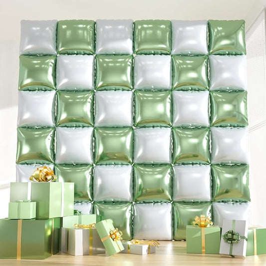 36pcs Sage Green & White Square Foil Balloons - Double-Sided Mylar Balloon Backdrop Kit for Birthdays, Graduation 2026, New Year, Photo Booth Decor (9.5ft x 9.5ft Checkered Wall/Tunnel)