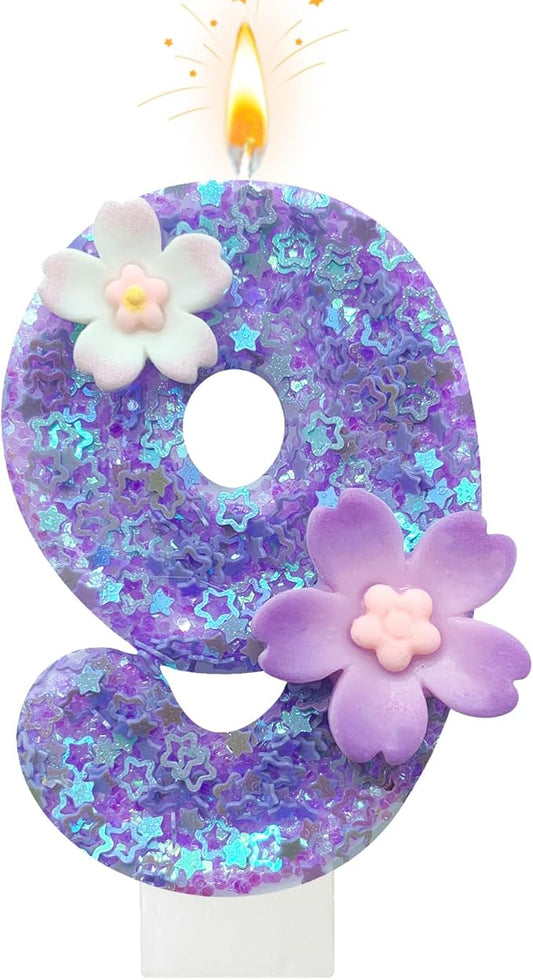 Purple Flower Birthday Candle,Number Birthday Candles for Cake, Ideal Birthday Parties Cake Decor, Wedding Anniversary and Other Celebrations (Number 9, Purple)
