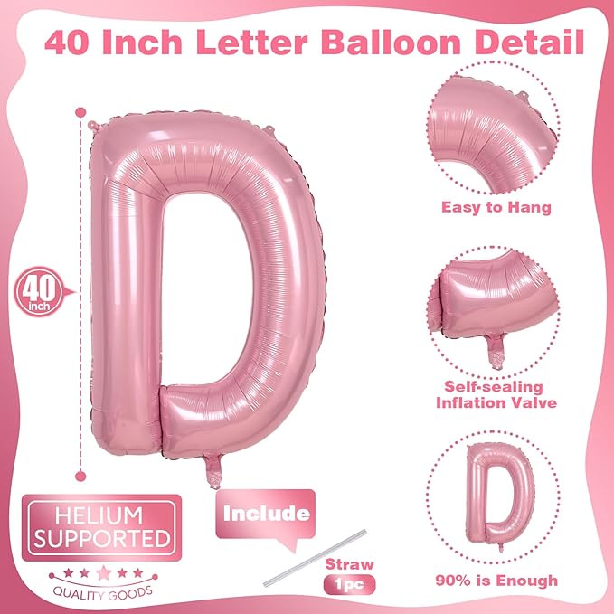 Pastel Pink D Letter Balloon, 40 Inch Giant Light Pink Mylar Foil Letter D for Girls, Self Inflating D Birthday Balloon for Girl Baby Shower Women Anniversary Princess Party Decorations Supplies