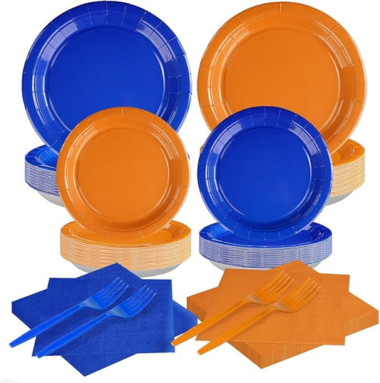 200 Pcs Orange and Blue Birthday Party Supplies Blue and Orange Plates and Napkins Tableware Sets Dart War Party Decorations for Boys Baby Shower Fiesta Congrats Graduation Favors Serves 50