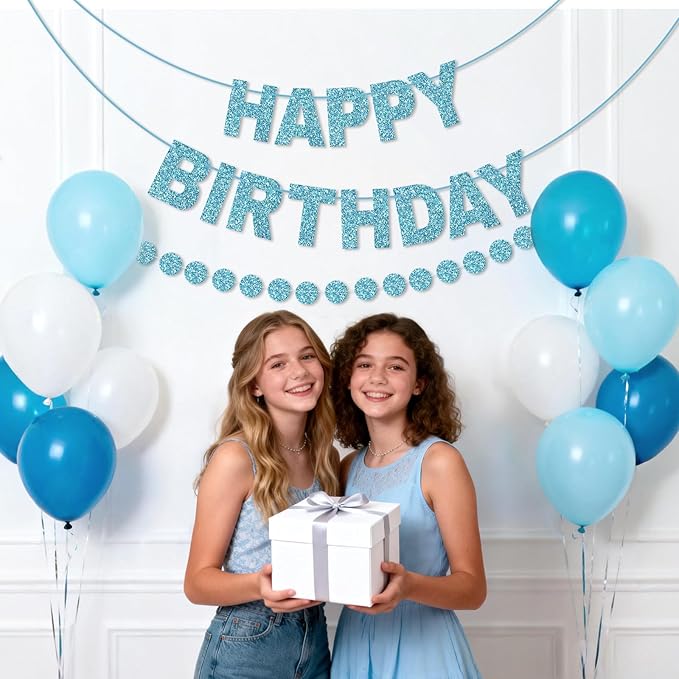 GCQQ Blue Happy Birthday Banner - 3M Glitter Light Blue Pre-Strung Banners and 2.5M Circle Dots Garland No DIY Birthday Party Decorations for Boys Girls Baby Shower Kids & Adults Birthday Backdrop