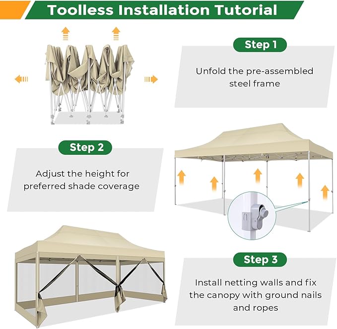 COBIZI 10x20 Heavy Duty Pop Up Canopy Tent with 6 Sidewalls, Easy Set Up Outdoor Waterproof Screen Commercial Party Tent with Mosquito Netting for Parties Backyard Patio, Roller Bag, Khaki