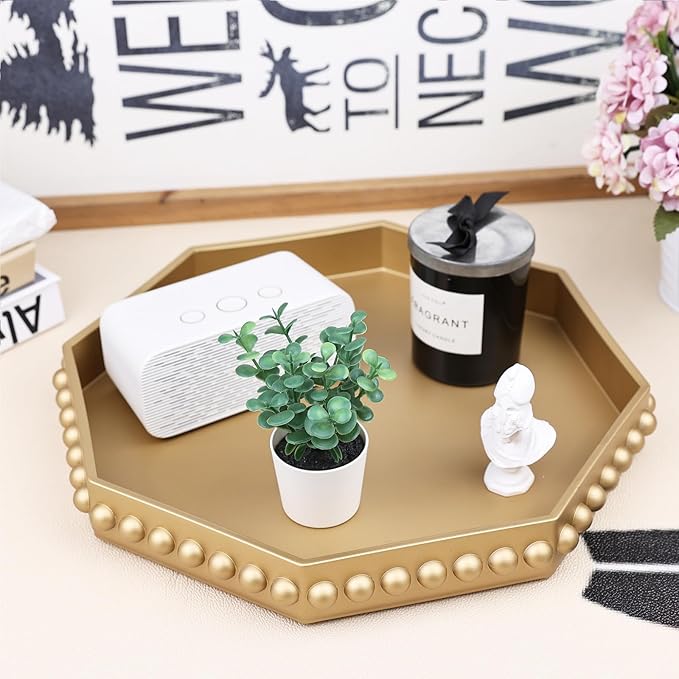 Gold Serving Tray for Coffee Table, Octagonal Beaded Plastic Decorative Tray for Ottoman, Kitchen Counter, Living Room, Outdoor Lacquer Tray for Entertaining