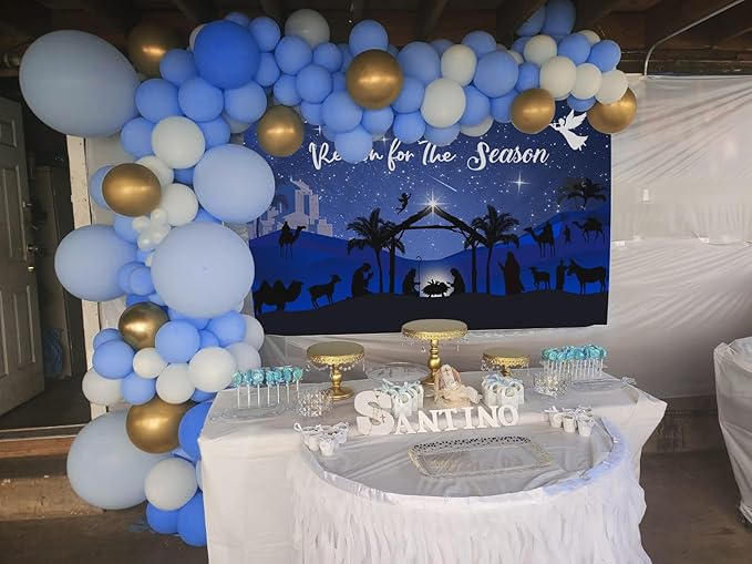 Mocsicka Christmas Nativity Backdrop Blue Large Merry Christams Party Decorations Banner Xmas Christmas Jesus is The Reason for The Season Background Photo Booth (Blue, 12x10ft(144"x120"))