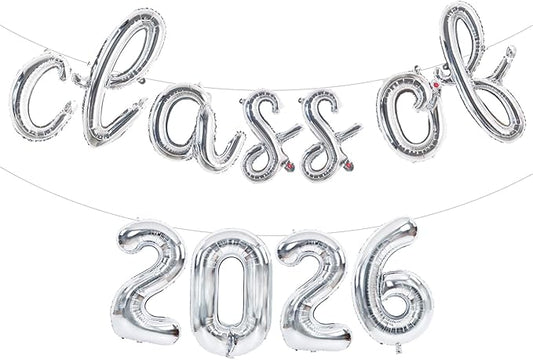 TONIFUL Silver Cursive Class of 2026 Graduation Balloon Banners 2026 Commencement Decor Grad Foil Balloons 2026 Congrats Grad Balloons for Class of 2026 Congratulation Graduation Party Supplies