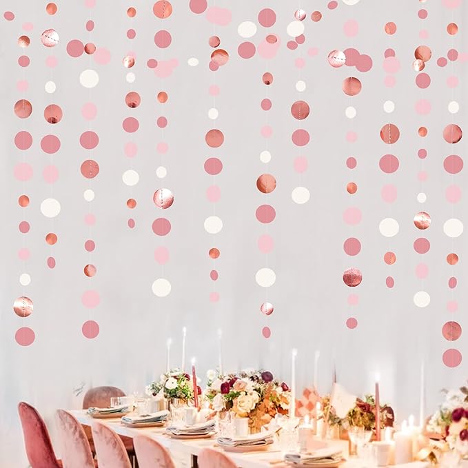 Rose Gold Party Decorations Dusty Pink Circle Dots Garland Blush Pink Hanging Paper Polka Dot Streamer for Birthday Wedding Bridal Shower Bachelorette Engagement Baby Shower Anniversary Party Supplies