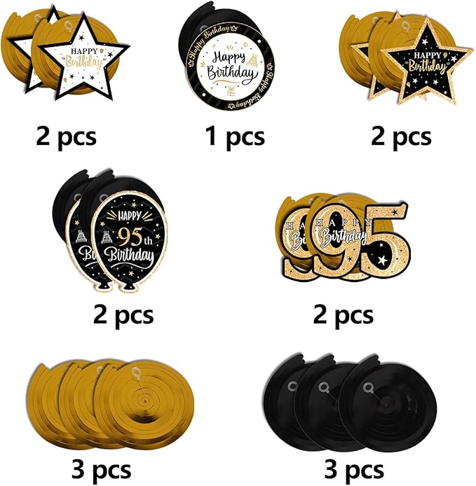 Happy 95th Birthday Black & Gold Glitter Swirls Streamers Party Decorations - 15 Pcs 95th Birthday Hanging Swirls Streamers Kit,Perfect for 95th Bday Party Sign.