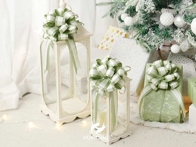 HUIHUANG Sage Green Pull Bows for Gift Wrapping 12 PCS Sage and Ivory Double Layer Satin Pull Bows 6" x 10" Gift Bow for Presents, Gift Basket, Birthday Baby Shower Wedding Party Decor