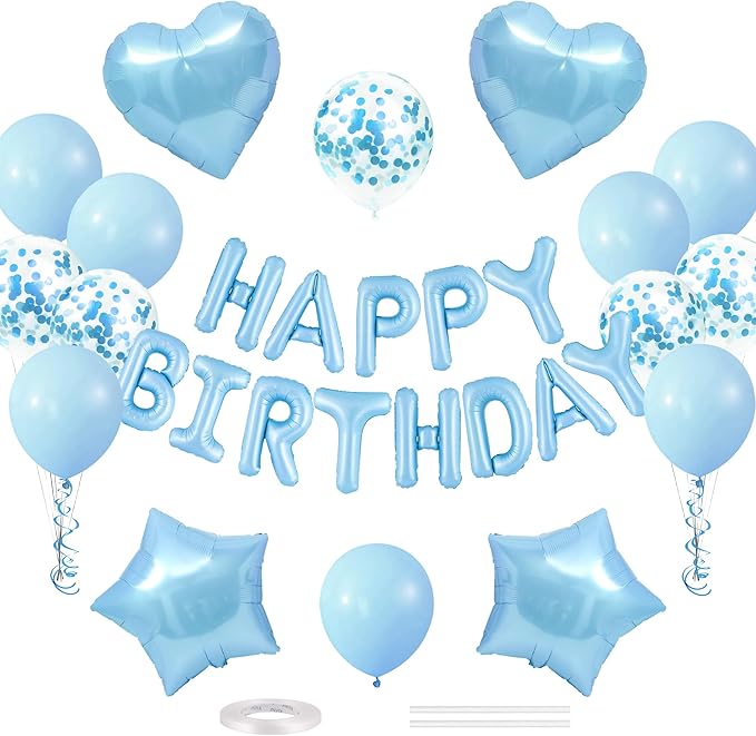 CANREVEL Happy Birthday Balloons Banner 16 Inch Mylar Foil Letters with Star & Heart Balloons Birthday Party Decorations for Men and Women - 30 Pcs Light Blue