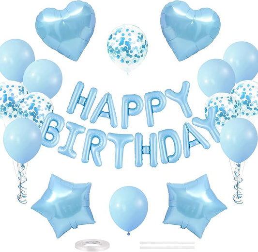 CANREVEL Happy Birthday Balloons Banner 16 Inch Mylar Foil Letters with Star & Heart Balloons Birthday Party Decorations for Men and Women - 30 Pcs Light Blue