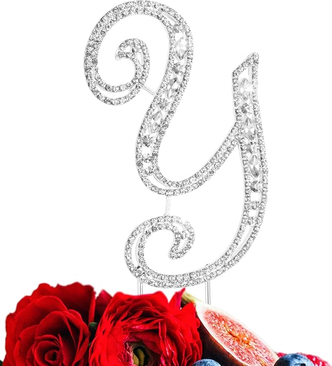 LINGPAR Letter Y Cake Topper Rhinestone Crystal Silver Letter for Wedding or Anniversary Birthday Party Decoration Supplies