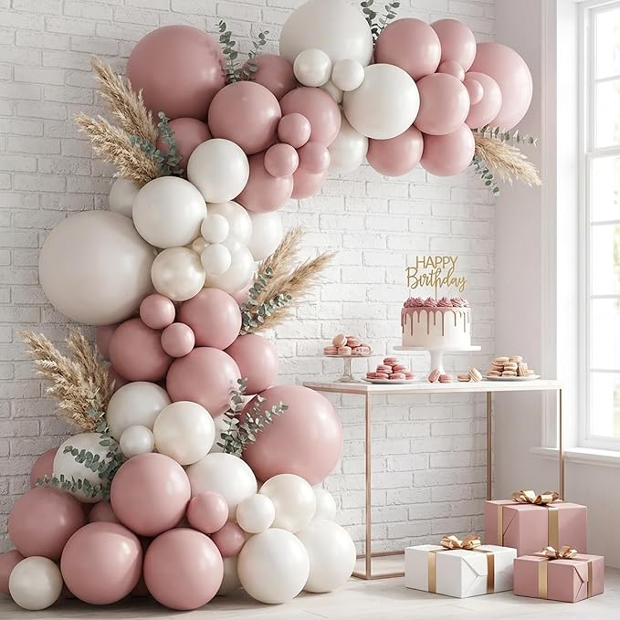 RUBFAC 135pcs Dusty Pink Balloons, Latex Boho Blush Pink Balloon Different Sizes 18 12 10 5 Inch for Garland Arch Baby Shower Engagement Bachelorette Wedding Birthday Party Decorations