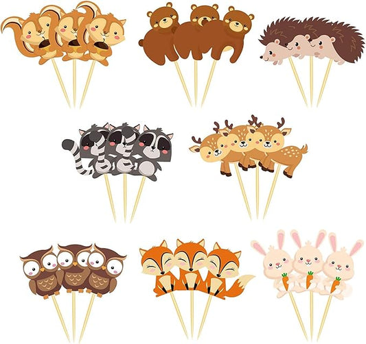 24PCS Woodland Animals Creatures Cupcake Toppers Forest Animals Cake Decorations Baby Shower Birthday Party Supplies