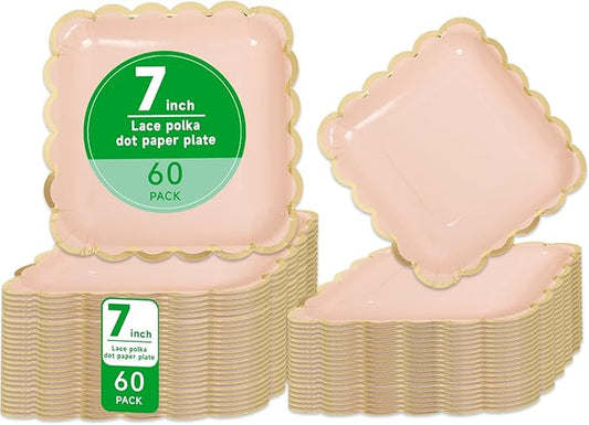 Square Paper Plates 60 Count,Eco Compostable Plates Disposable,7" Scalloped Small Paper Plates,Pastel Coraly Orange Plates for Party,Birthdays Weddings Picnics,Easter or Daily Use