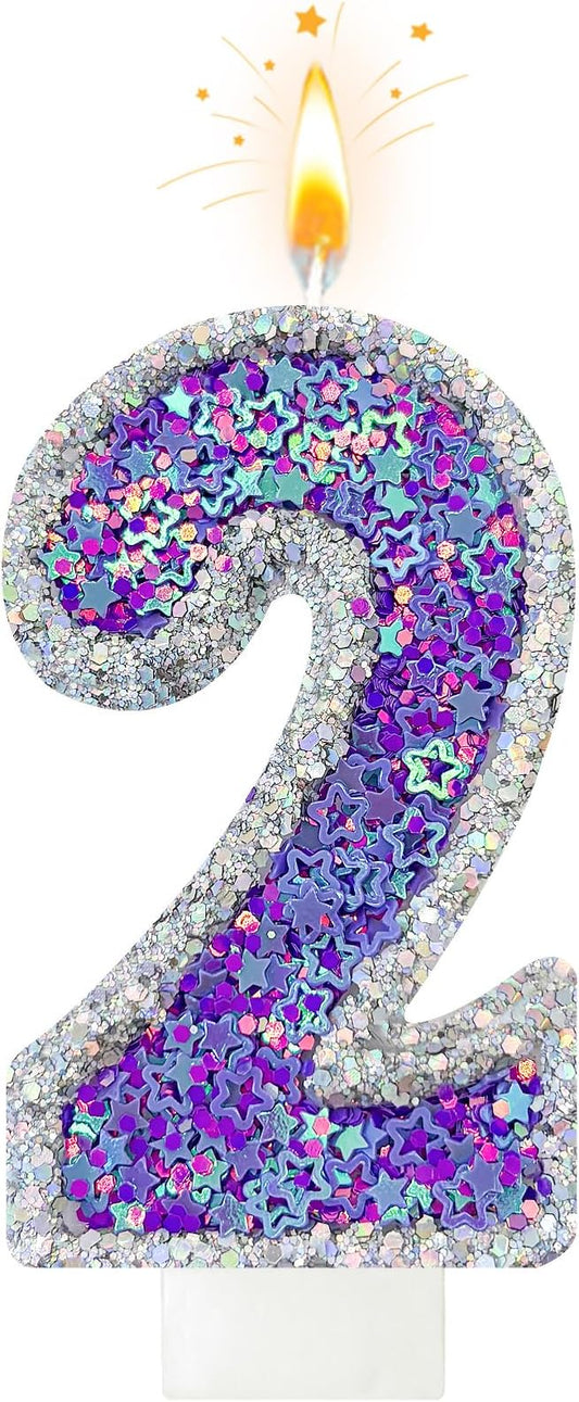K-pop Number 2 Birthday Candle, Star Glitter Filled Number Candle, Purple Silver Fantasy Cake Topper for Birthday Party Decoration