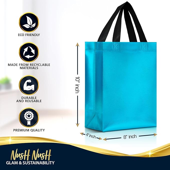 Nush Nush Aqua Blue Gift Bags Medium Size – Set of 30 Light Blue Reusable Gift Bags With Handles Bulk - Turquoise Goodie Bag for Birthday Party Favors, Bachelorette, Special Events – 8Wx4Dx10H