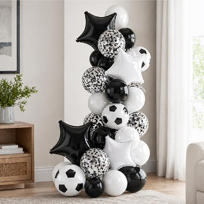 Soccer Balloons, 12Inch Black White Soccer Printed Latex Balloons, 18 Inch Black and White Star Foil Balloon with Confetti Helium Balloon for Sport Football Theme Boy Men Birthday Party Decorations