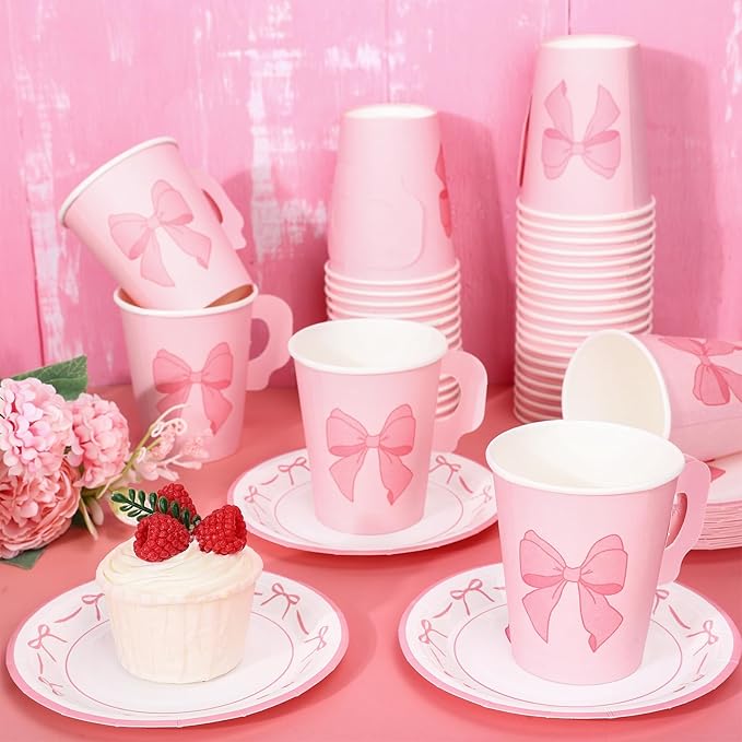 Whaline 80 Pcs Tea Party Supplies 9oz Pink Bow Paper Tea Cups and Saucers Coquette Bowknot Disposable Teacups with Handle and Dessert Plates for Wedding Birthday Baby Shower Bachelorette Tea Party