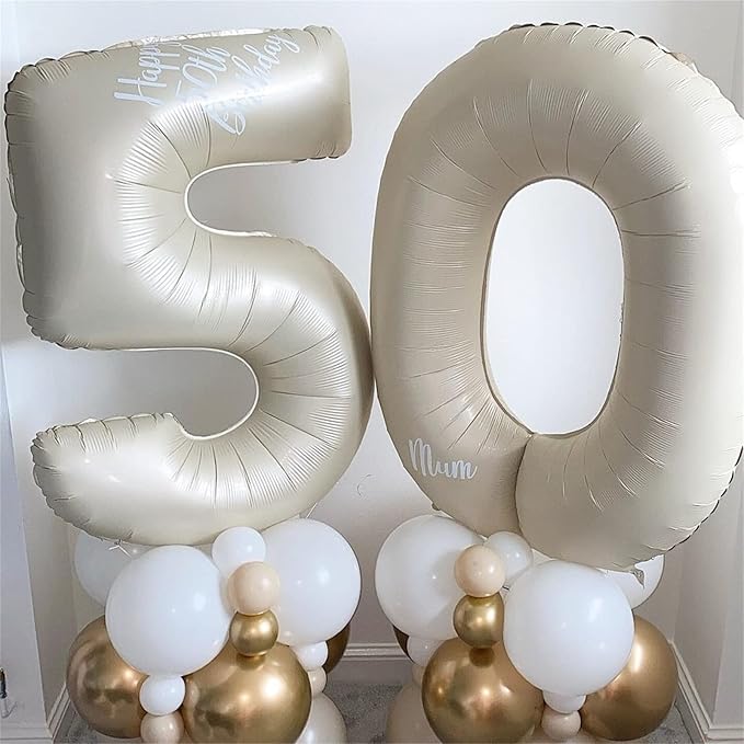40 In Cream Large Numbers Balloons 0-9, Self Inflating White Sand Foil Number 0 Helium Balloons for Boys Girls, Big Beige Digit 0 Balloons for Women Men Birthday Party Anniversary Supplies Decorations