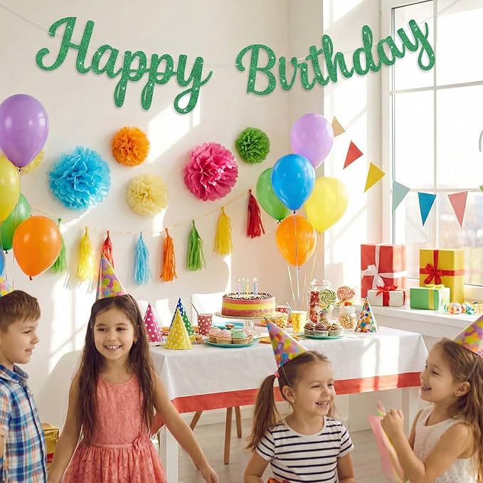 Glitter Happy Birthday Banner and Sign, Reusable Birthday Party Garland Wall Backdrop Banners, DIY Party Supplies Hanging Decorations for All Celebrations (Green)