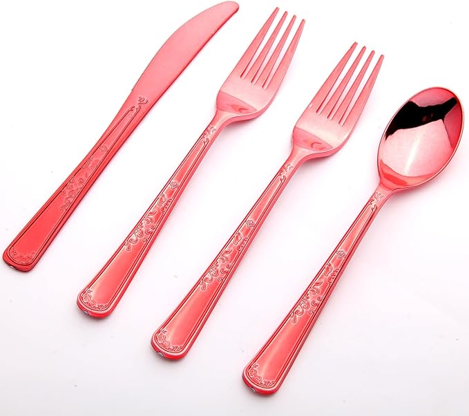 180 Pack Disposable Rose Red Plastic Silverware Contain 60 Forks,60 Spoons,60 Knives, Solid and Durable Plastic Cutlery Utensils Set Perfect for Parties,weddings.