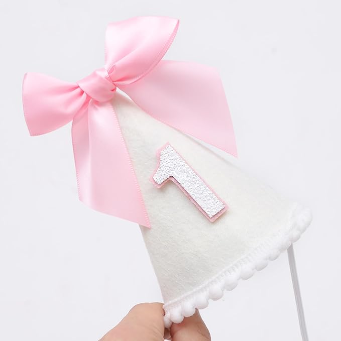 Pink Bow 1/2 Birthday Hat- Pink half Birthday hat, Princess 1st Birthday Supplies,Half Birthday Decorations for Girls