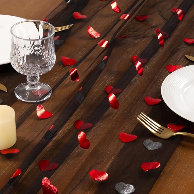 Socomi Valentine's Day Red Heart Table Runner Gauze Sheer Romantic Sequin 10FT Glitter Metallic Foil Dining Wedding Birthday Party Baby Shower Holiday Centerpiece Table Decor 3pcs Black