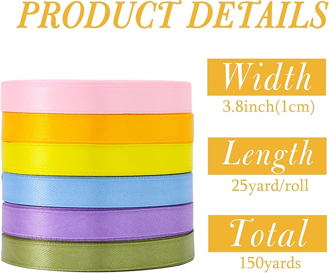 TONIFUL 6 Rolls Easter Satin Ribbon 3/8 Inch Assorted Solid Colors Pastel Ribbons for Gift Wrapping, Flower Bouquet, Hair Bows, Wreath Decor, Baby Showe Birthday Easter Party Decor (25 Yards/Roll)