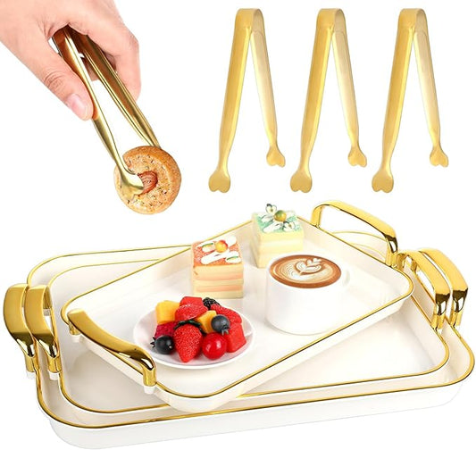 3 Pcs Serving Tray with Handles, Stackable Serving Platters with 3 Sugar Cube Tongs, 16.5/14.9/13.2 Inch Rectangle Food Trays, White Party Platters for Dinner, Cookie, Cake, Cheese and Fruit