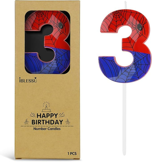 Number 3 Spider Themed Birthday Candle, 2.68 Inch Red Blue Spider Birthday Candles, Number Candles Birthday Cake Toppers Web Candles for Boy Girl Spider Party Decoration Supplies Halloween Party