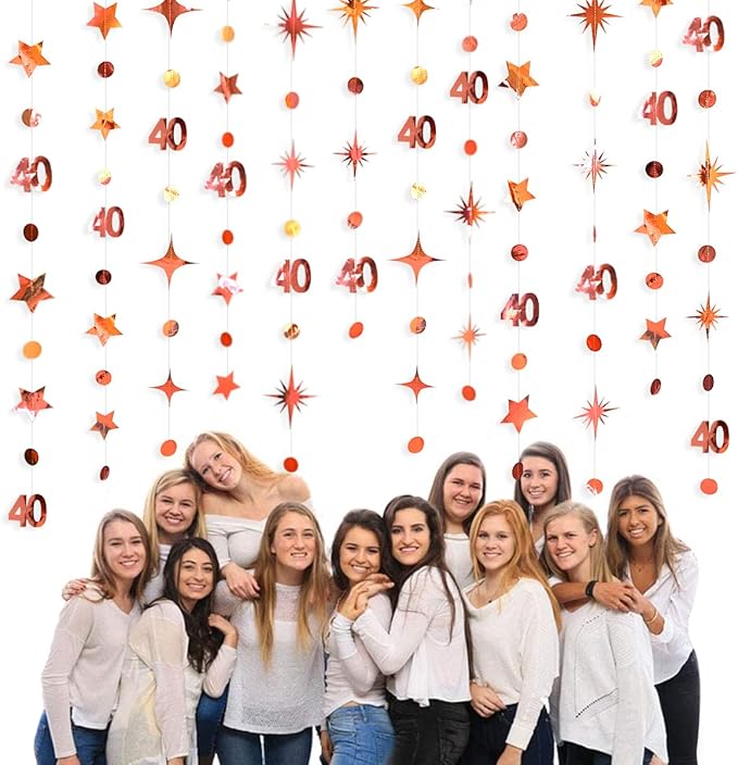 Rose Gold 40th Birthday Decorations Number 40 Circle Dot Twinkle Star Garland Metallic Hanging Streamer Bunting Banner Backdrop for Women 40 Year Old Birthday Forty Anniversary Party Supplies