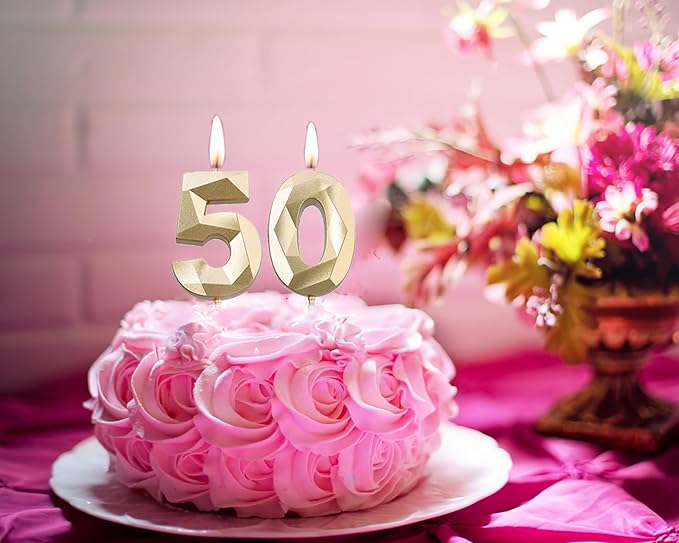 2 inch Gold 50 Birthday Candles, 3D Diamond Number 50 Cake Topper for Men Women Birthday Party Decorations Theme Party