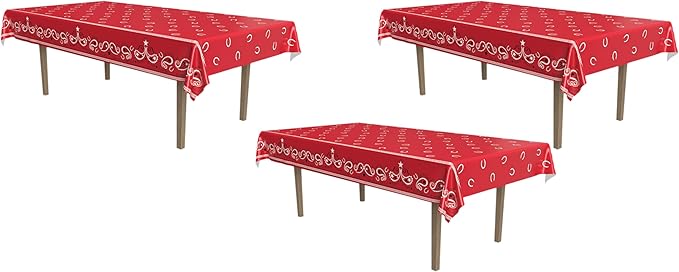 Beistle Red Bandana Tablecover, 54” x 108” – Plastic Table Cloth, Farm Theme Tablecloth, Cowboy Theme Party Decorations, Western Decorations, Bandana Tablecloth, Rectangular Tablecloth (Pack of 3)